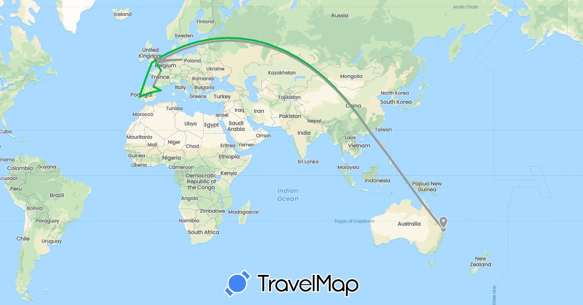 TravelMap itinerary: bus, plane in Australia, China, Germany, Spain, France, United Kingdom, Netherlands, Portugal (Asia, Europe, Oceania)