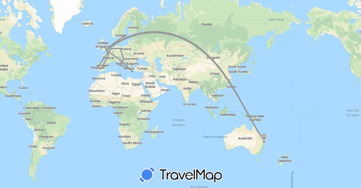 TravelMap itinerary: driving, plane in Australia, Germany, Spain, France, United Kingdom, Greece, Croatia, Italy, Netherlands, Portugal, Sweden (Europe, Oceania)